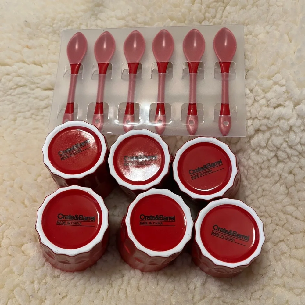 Crate&Barrel Red and White Ceramic Sorbet Set (8) Pieces Including Spoons & Cups